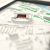 3D Old Trafford Map Framed - Close-up across the 3D map: the real Old Trafford stands with red seats around the green pitch