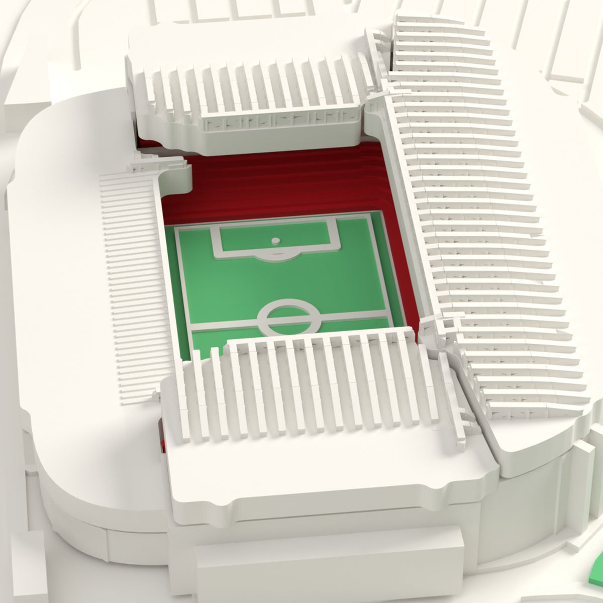 3D Old Trafford Map Framed - Close-up of the 3D printed Old Trafford: the white lattice trusses over the tall horseshoe of stands, the lower Sir Bobby Charlton Stand and red seats