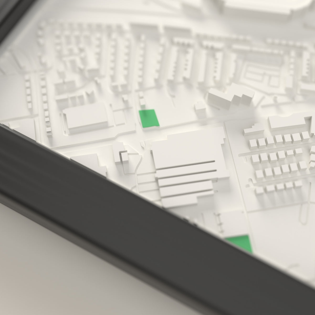 3D Old Trafford Map Framed - Close-up of the raised streets and buildings around Old Trafford on the 3D printed map