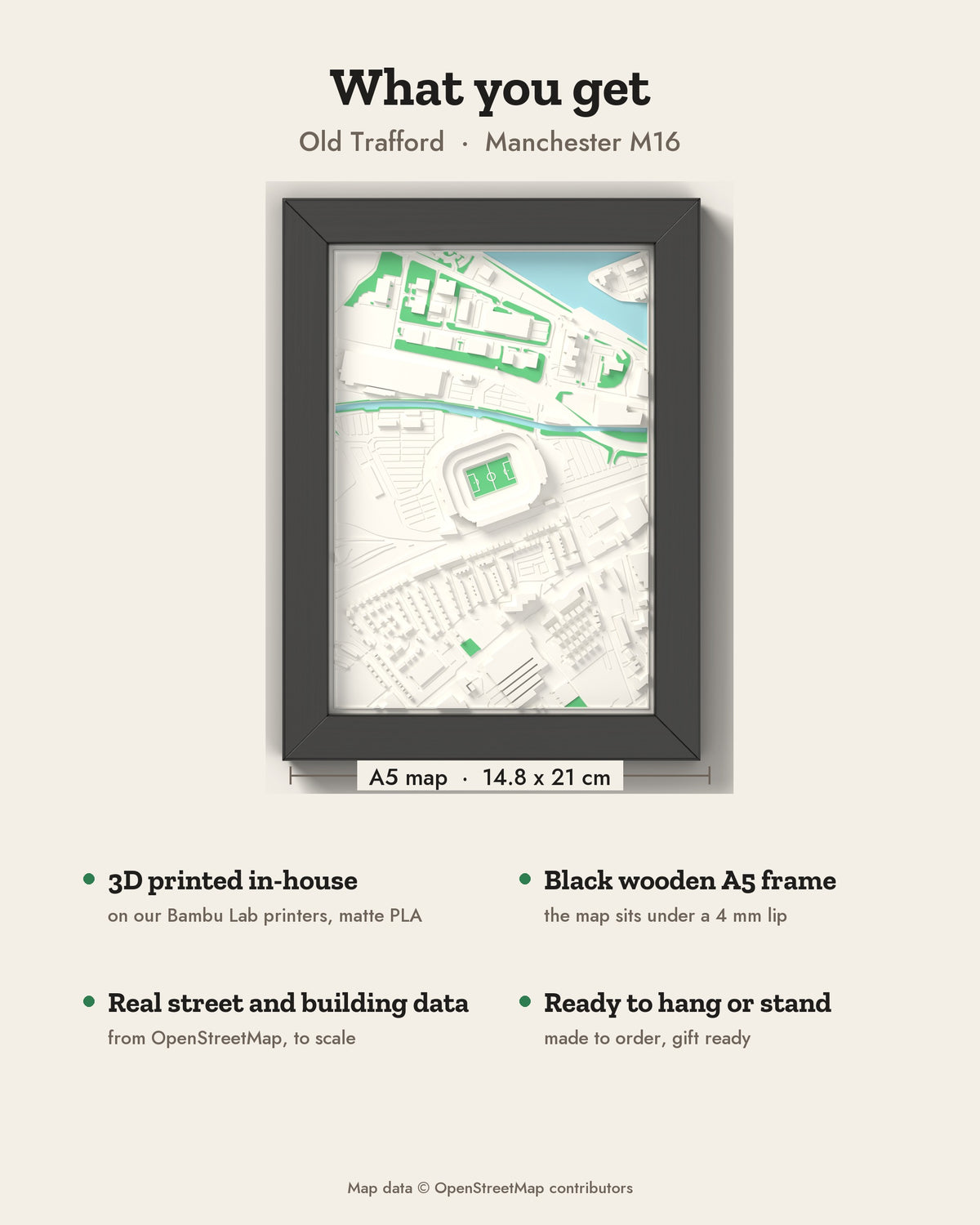 3D Old Trafford Map Framed - What you get: A5 3D stadium map, 14.8 x 21 cm, in a black wooden frame