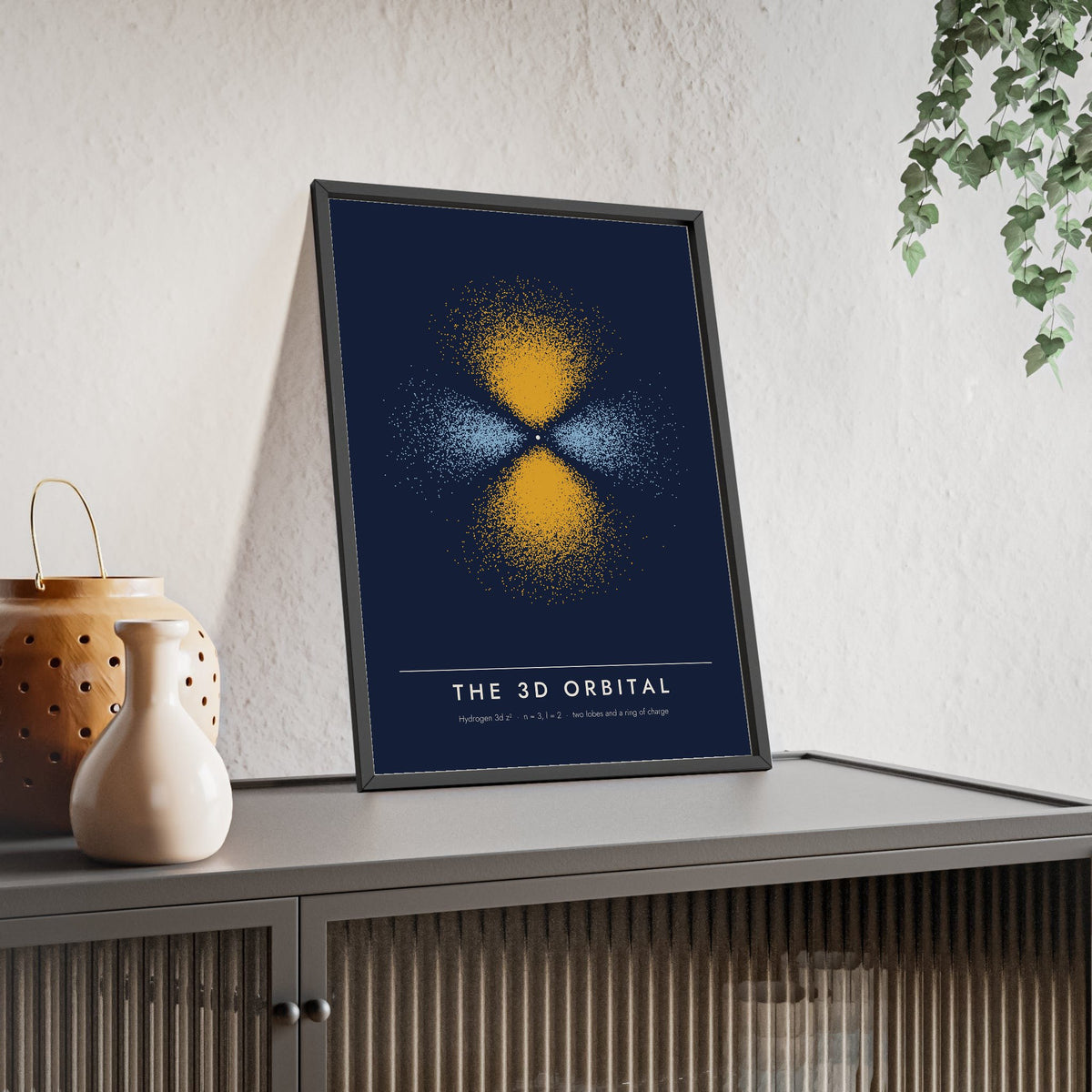 3d Orbital print framed and leaning on a sideboard