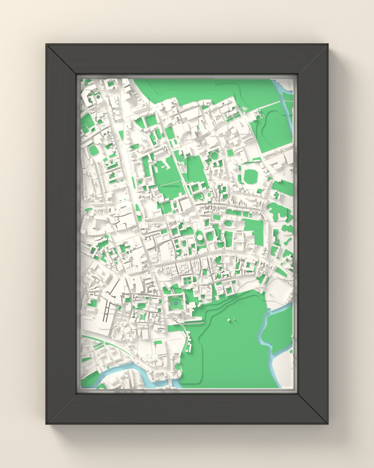 3D Oxford Map Framed - 3D printed Oxford map in a black wooden A5 frame, lit from the side