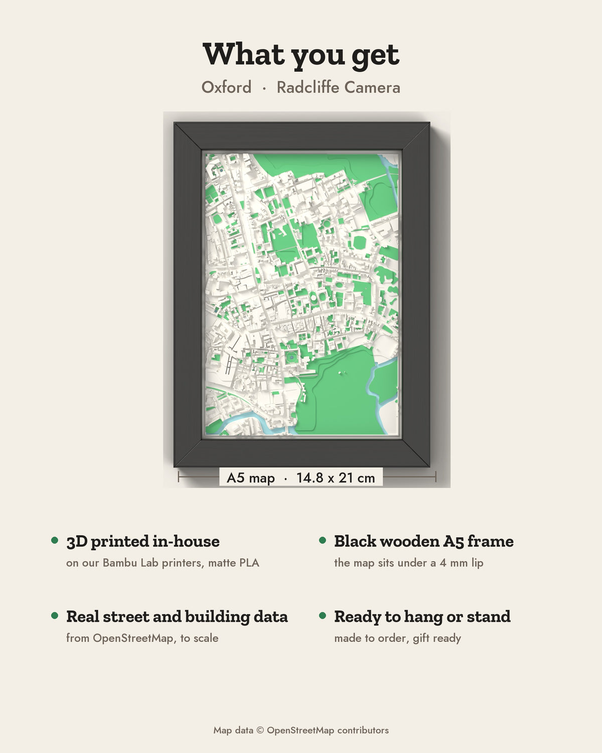 3D Oxford Map Framed - What you get: A5 3D city map, 14.8 x 21 cm, in a black wooden frame