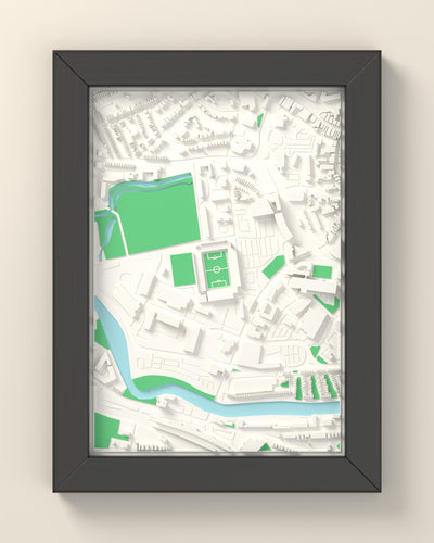 3D Portman Road Map Framed - 3D printed Portman Road map in a black wooden A5 frame, lit from the side