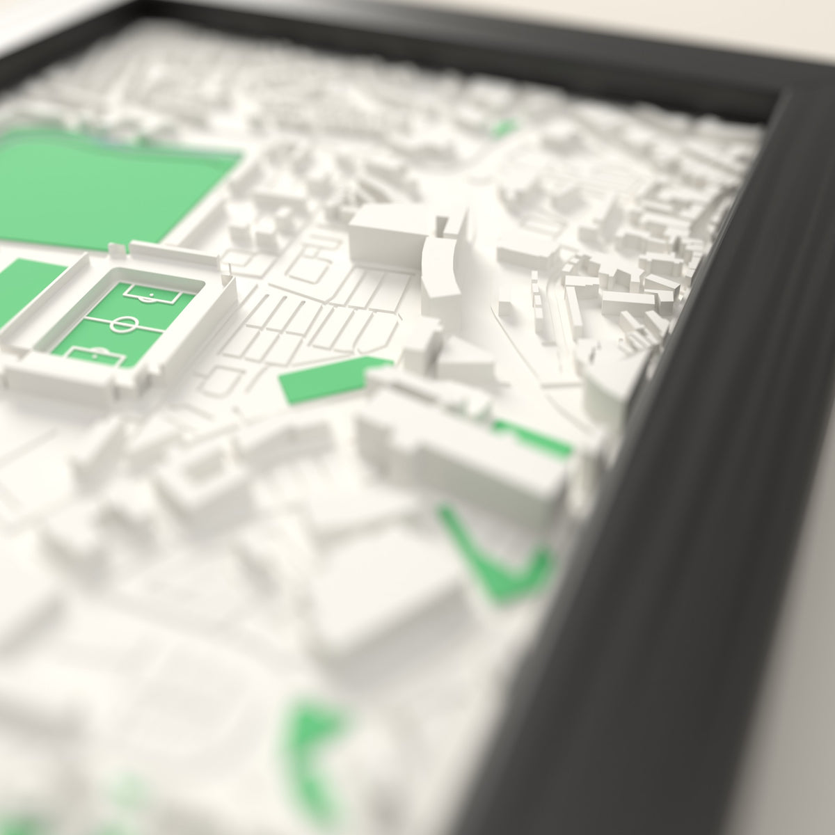 3D Portman Road Map Framed - Close-up across the 3D map showing the Portman Road stands and green pitch standing up from the streets