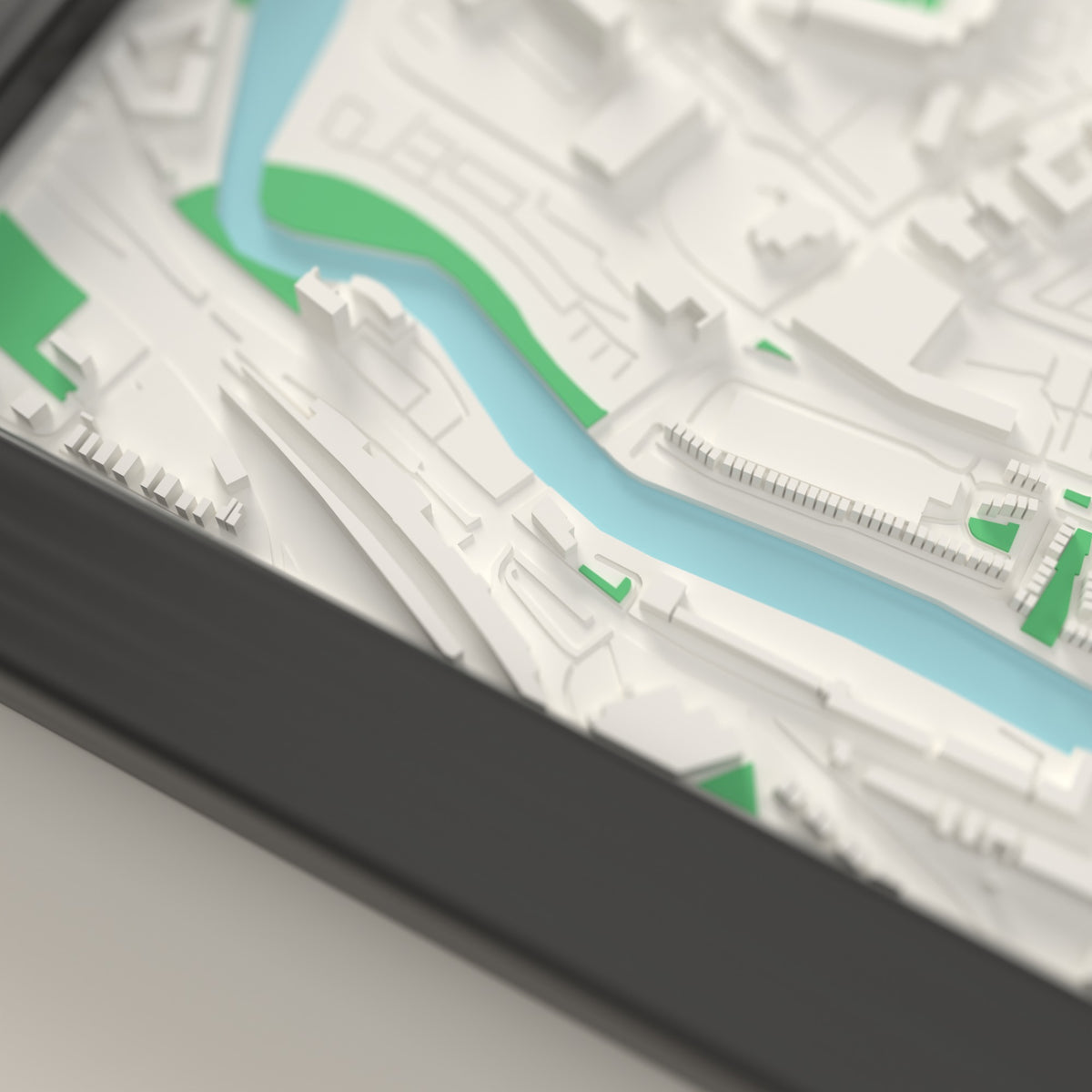 3D Portman Road Map Framed - Close-up of the raised streets and buildings around Portman Road on the 3D printed map