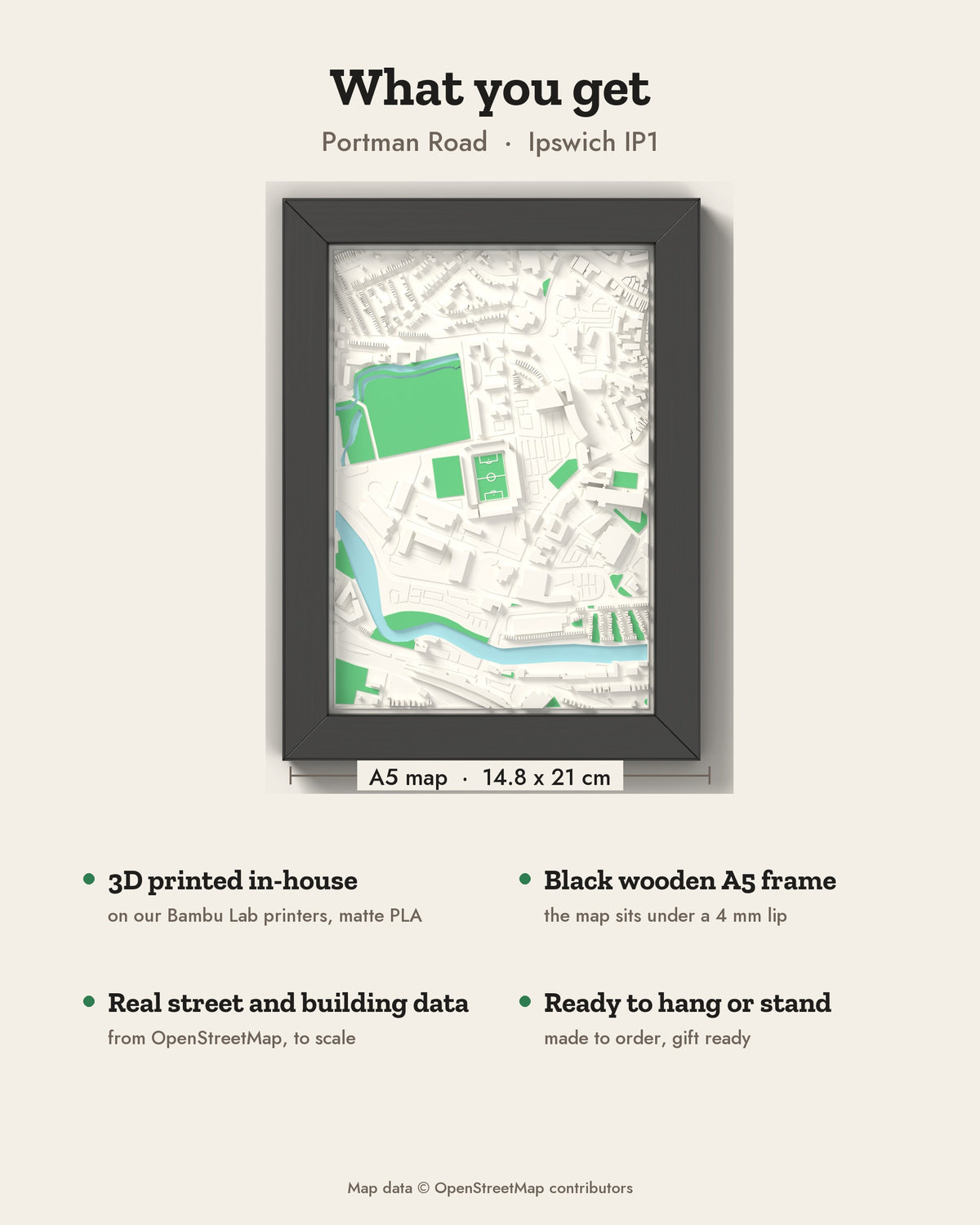 3D Portman Road Map Framed - What you get: A5 3D stadium map, 14.8 x 21 cm, in a black wooden frame