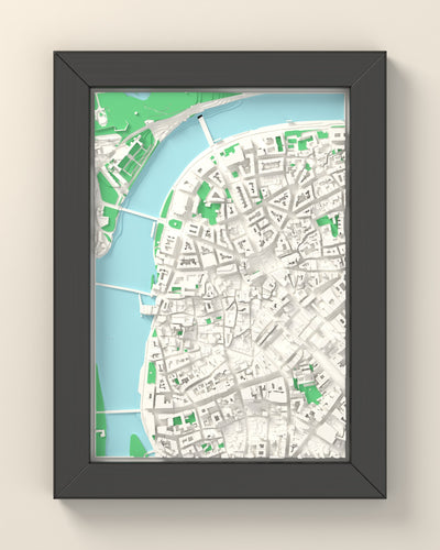 3D Prague Map Framed - 3D printed Prague map in a black wooden A5 frame, lit from the side
