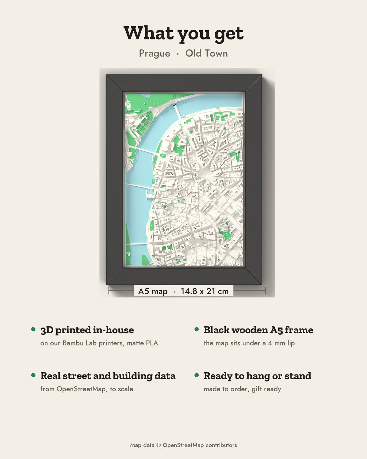 3D Prague Map Framed - What you get: A5 3D city map, 14.8 x 21 cm, in a black wooden frame