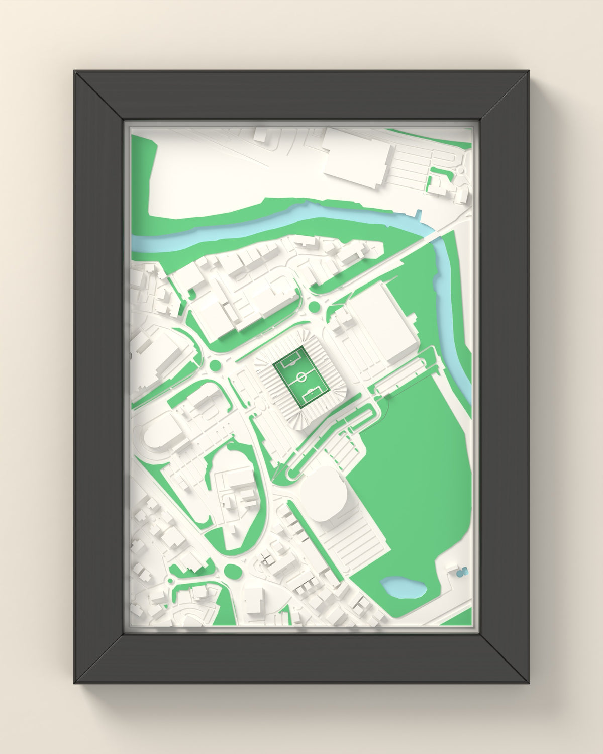 3D Pride Park Map Framed - 3D printed Pride Park map in a black wooden A5 frame, lit from the side