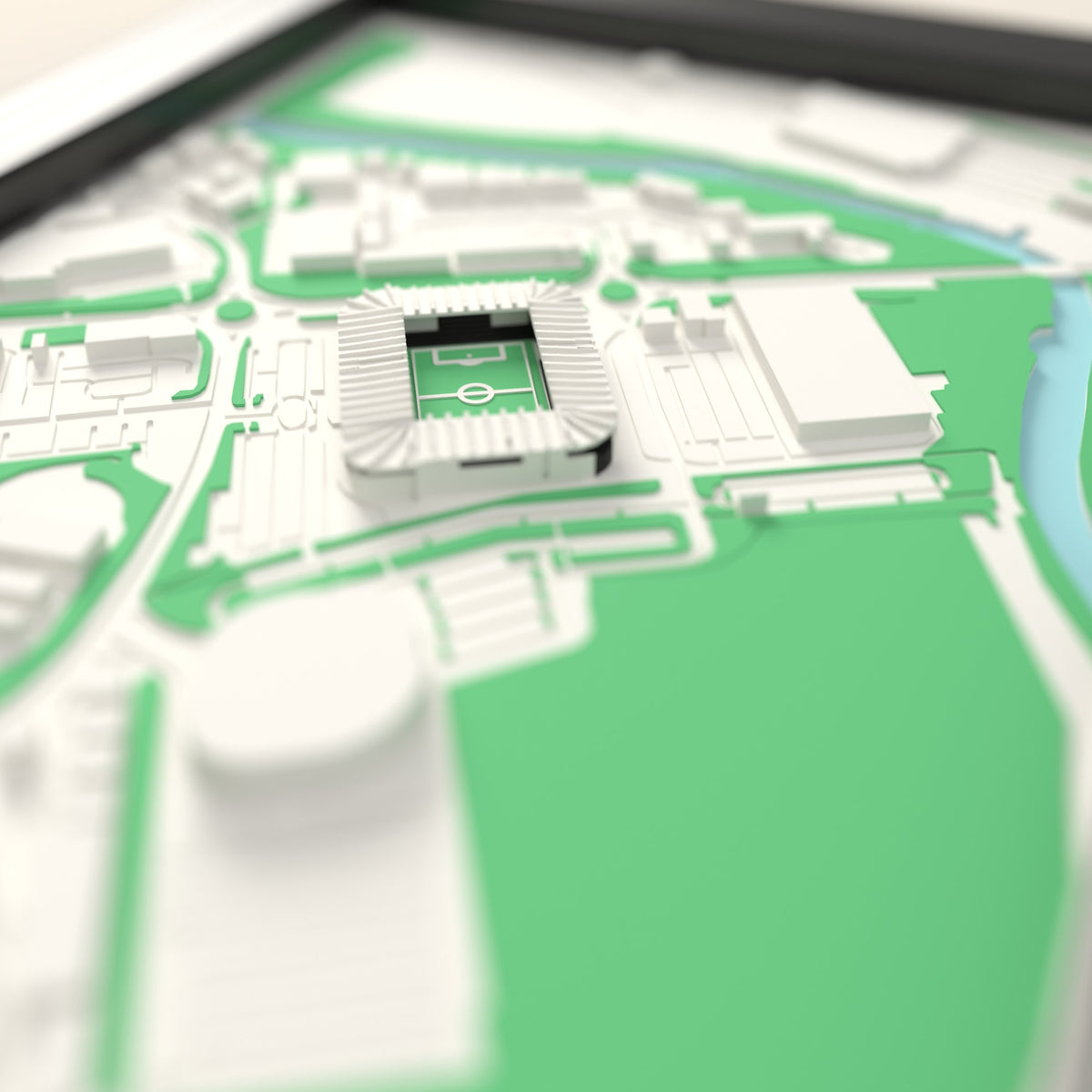 3D Pride Park Map Framed - Close-up across the 3D map showing the Pride Park stands and green pitch standing up from the streets