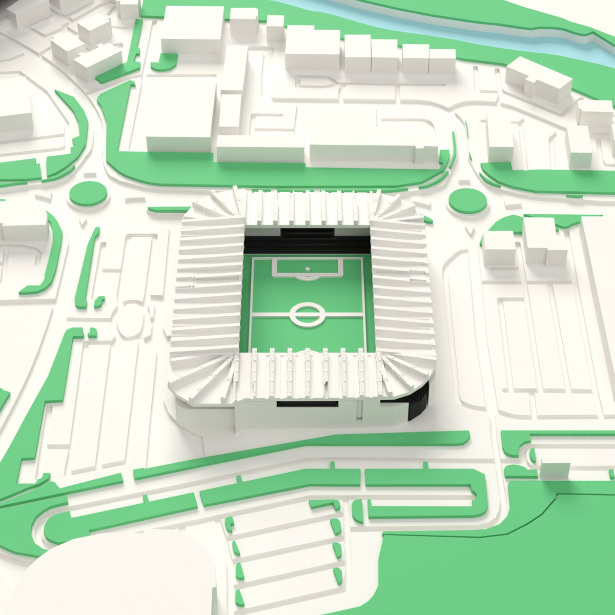 3D Pride Park Map Framed - Pride Park on the 3D printed map, seen from above the corner of the ground
