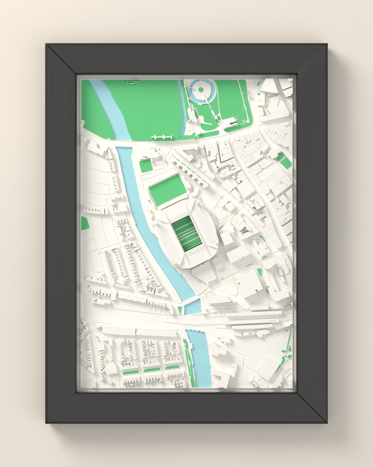 3D Principality Stadium Map Framed - 3D printed Principality Stadium map in a black wooden A5 frame, lit from the side
