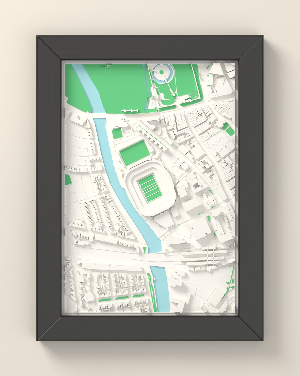 3D Principality Stadium Map Framed - 3D printed Principality Stadium map in a black wooden A5 frame, lit from the side