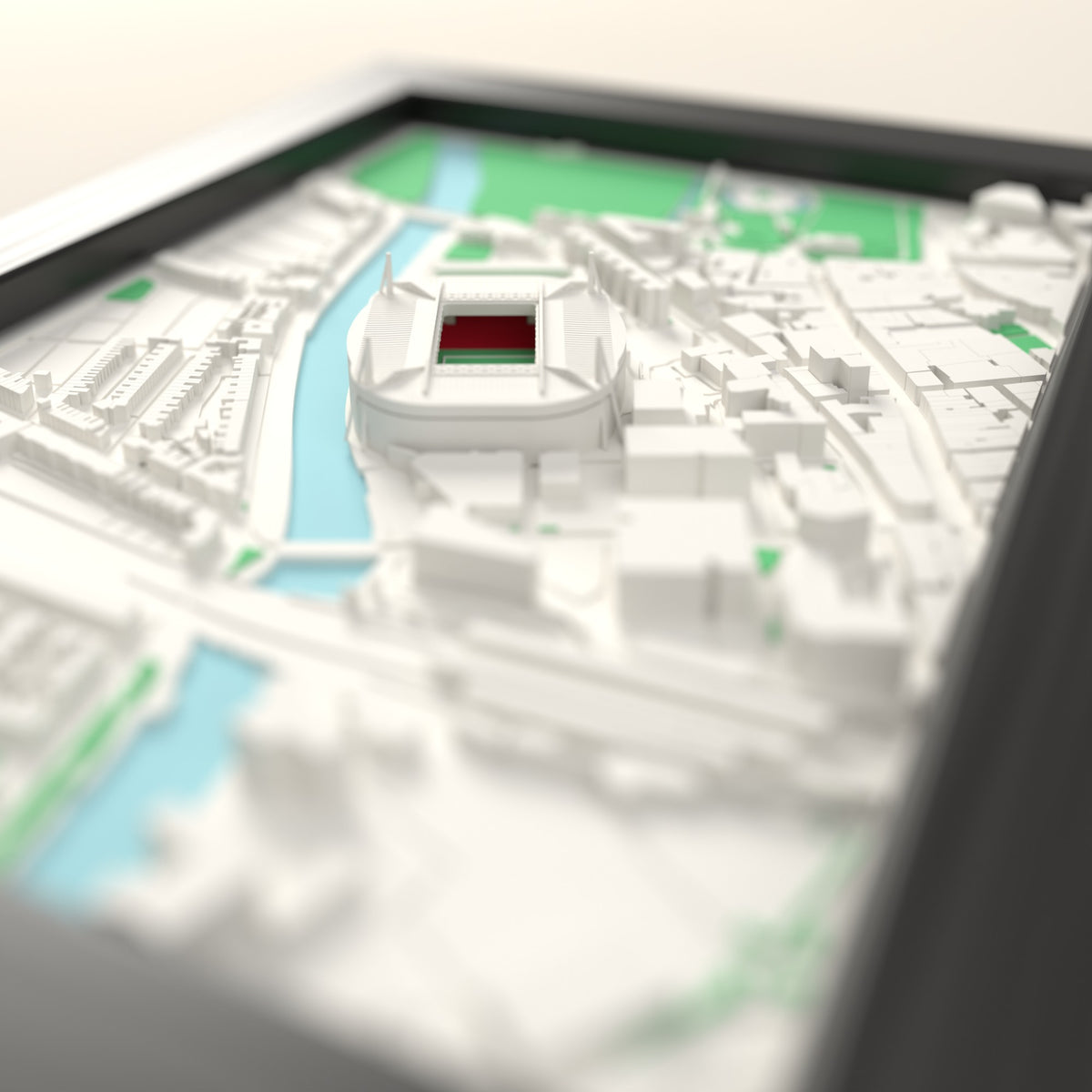 3D Principality Stadium Map Framed - Close-up across the 3D map: the real Principality Stadium stands with red seats around the green pitch