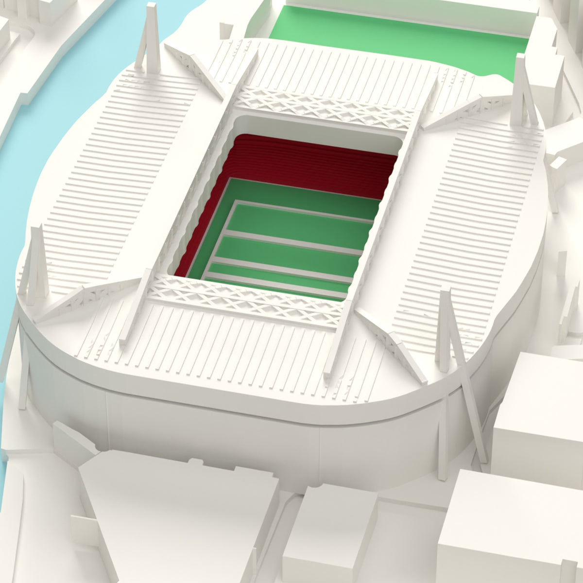 3D Principality Stadium Map Framed - Close-up of the 3D printed Principality Stadium: the two long roof girders, the lattice over the roof ends, the corner masts and red seats