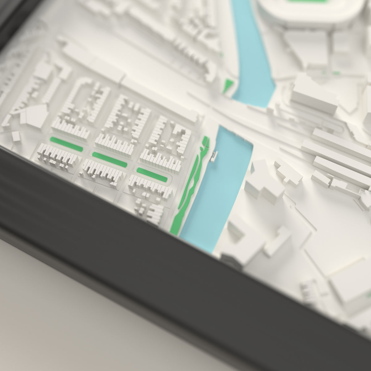 3D Principality Stadium Map Framed - Close-up of the raised streets and buildings around Principality Stadium on the 3D printed map