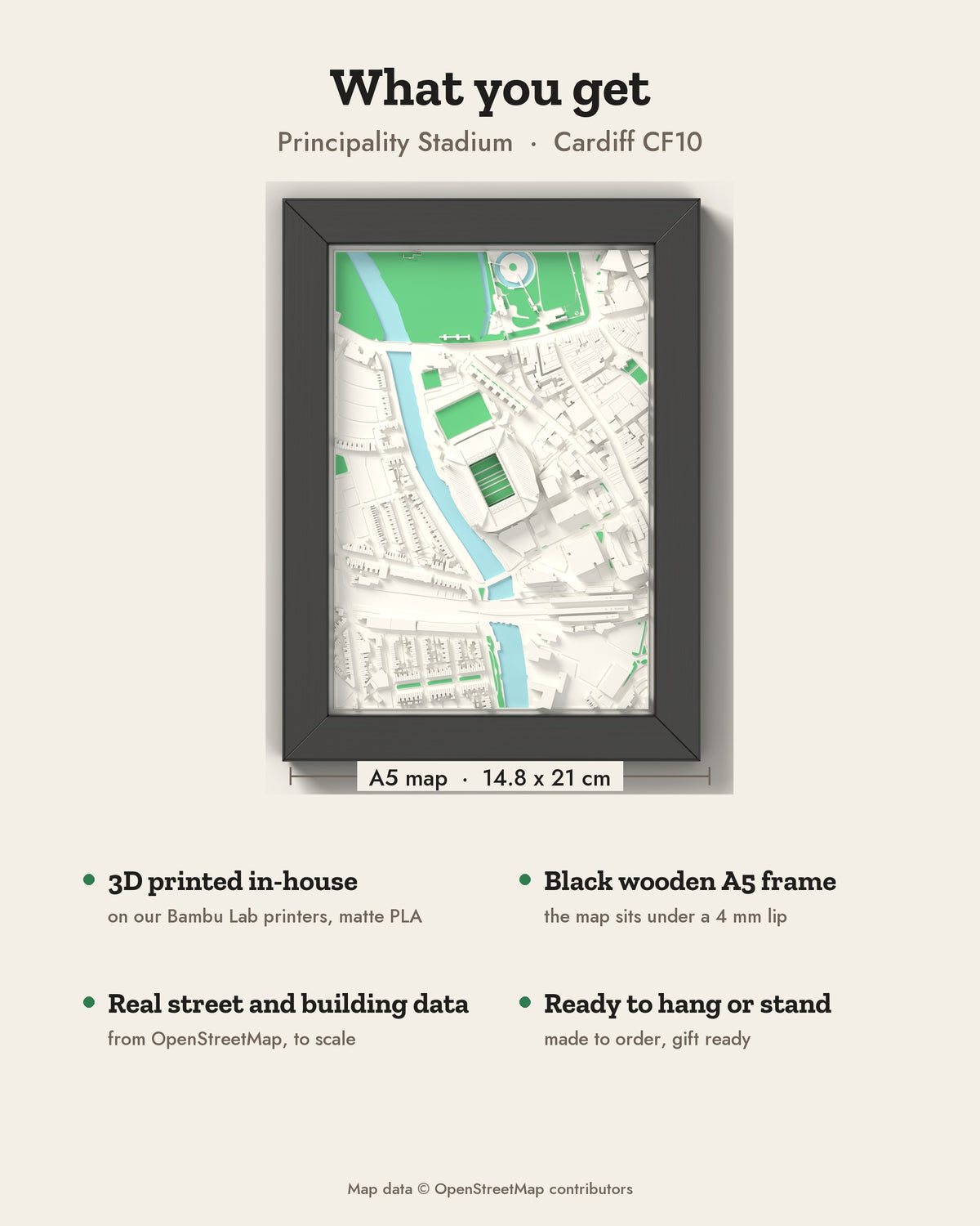 3D Principality Stadium Map Framed - What you get: A5 3D stadium map, 14.8 x 21 cm, in a black wooden frame
