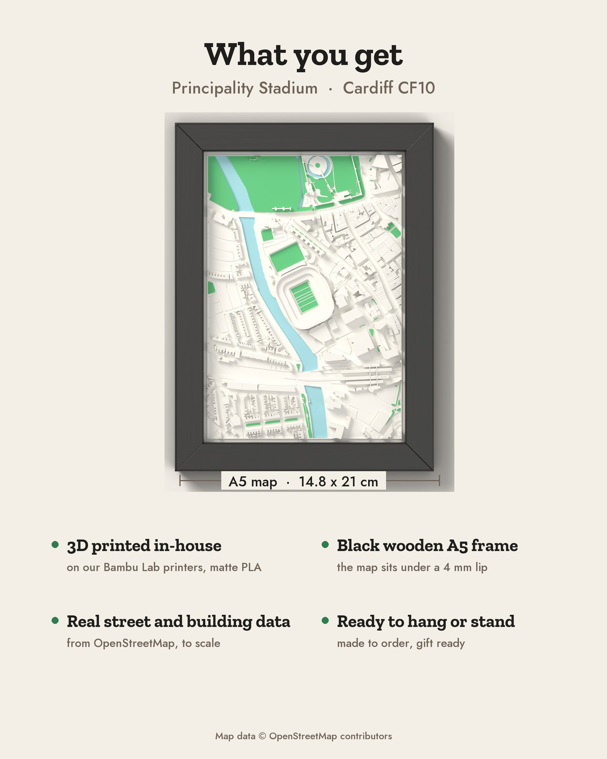 3D Principality Stadium Map Framed - What you get: A5 3D stadium map, 14.8 x 21 cm, in a black wooden frame