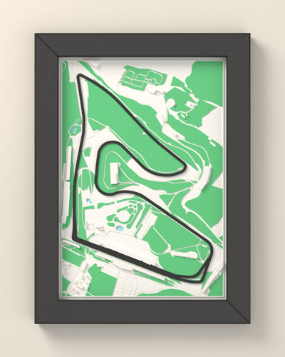 3D Red Bull Ring Map Framed - 3D printed Red Bull Ring map in a black wooden A5 frame, the track raised in dark grey