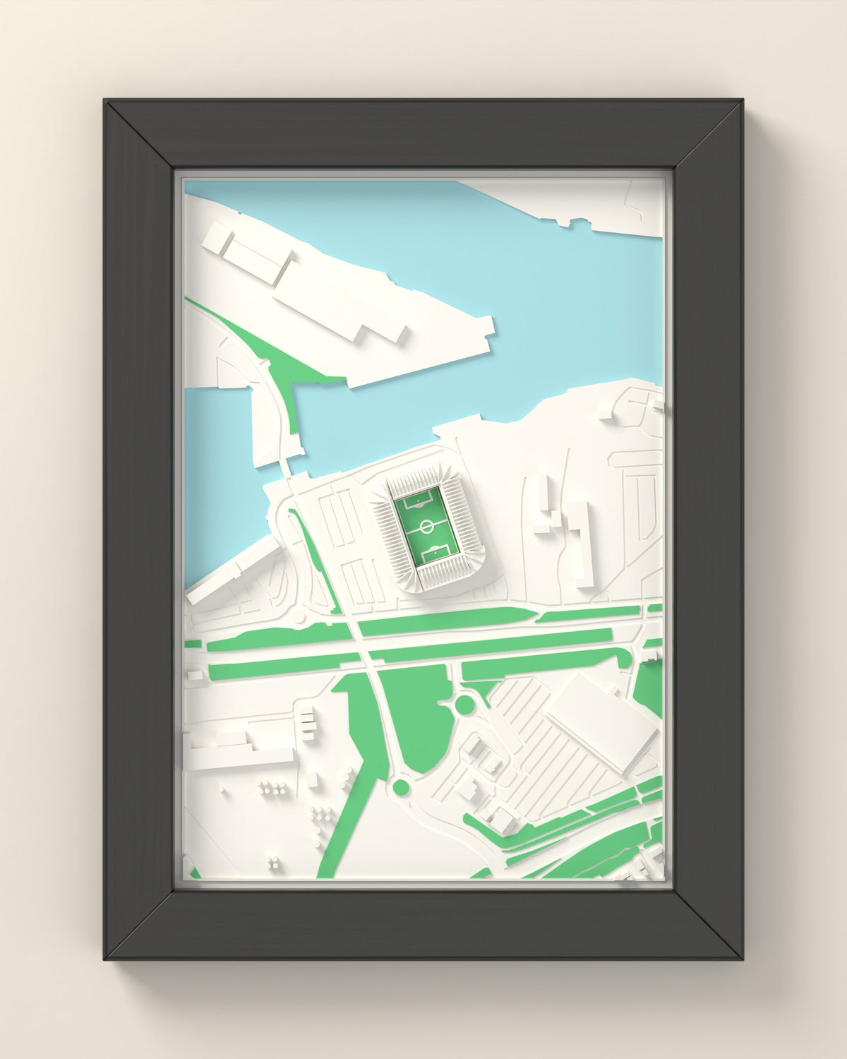 3D Riverside Stadium Map Framed - 3D printed Riverside Stadium map in a black wooden A5 frame, lit from the side