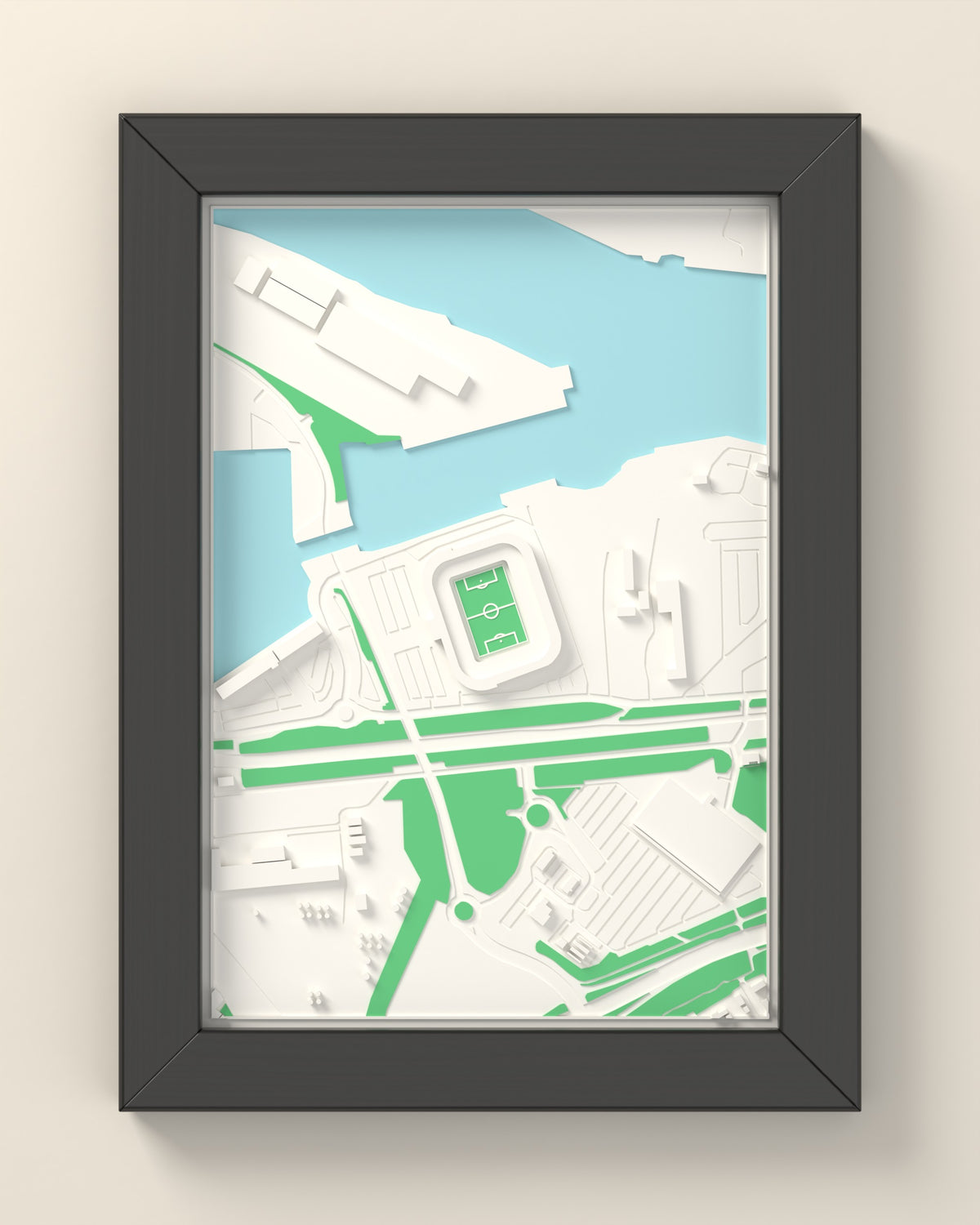3D Riverside Stadium Map Framed - 3D printed Riverside Stadium map in a black wooden A5 frame, lit from the side