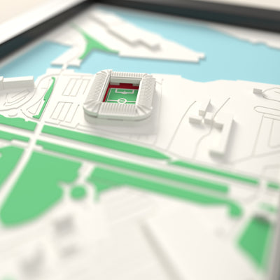 3D Riverside Stadium Map Framed - Close-up across the 3D map: the real Riverside Stadium stands with red seats around the green pitch