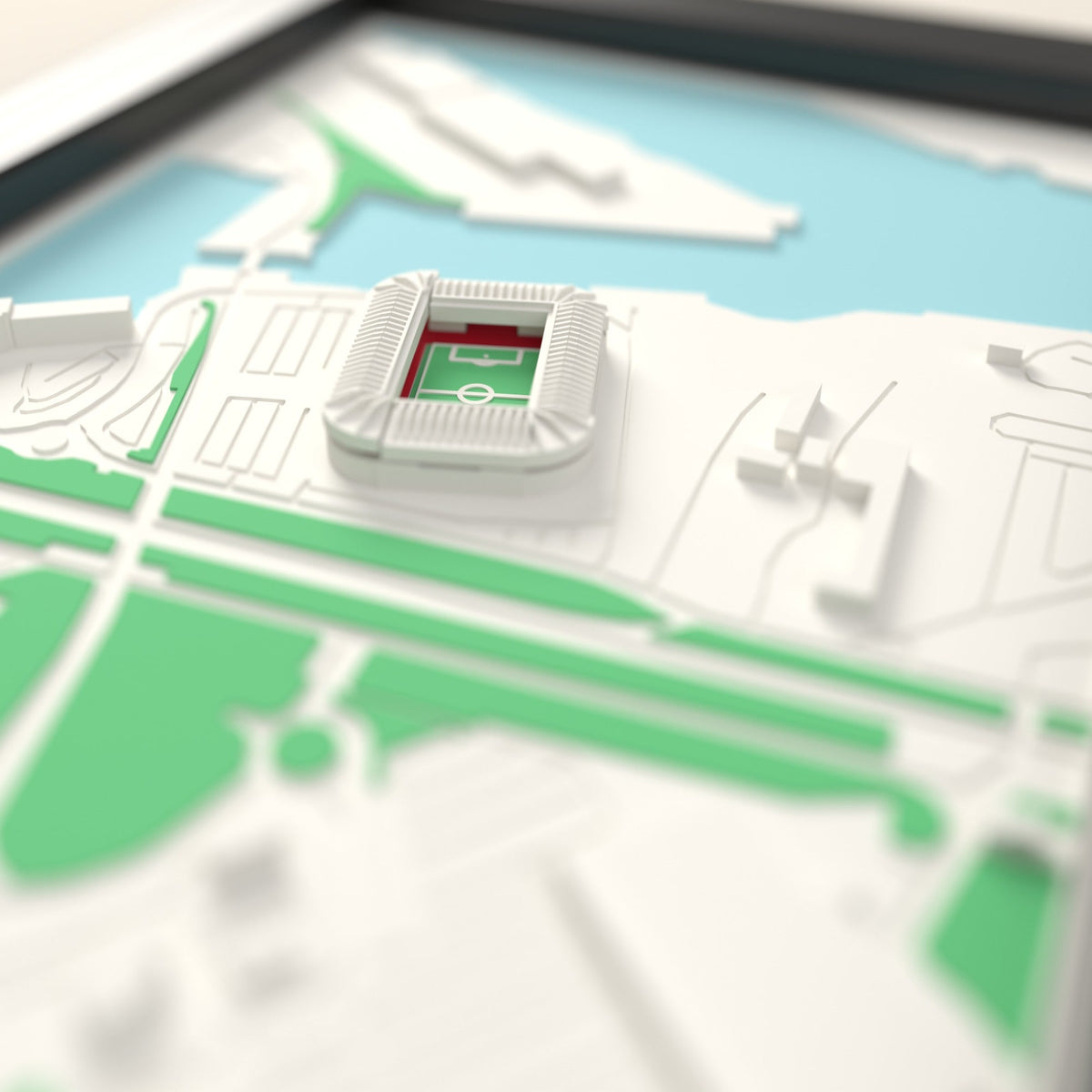 3D Riverside Stadium Map Framed - Close-up across the 3D map: the real Riverside Stadium stands with red seats around the green pitch