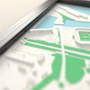 3D Riverside Stadium Map Framed - Close-up across the 3D map showing the Riverside Stadium stands and green pitch standing up from the streets