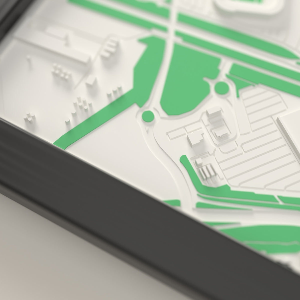3D Riverside Stadium Map Framed - Close-up of the raised streets and buildings around Riverside Stadium on the 3D printed map