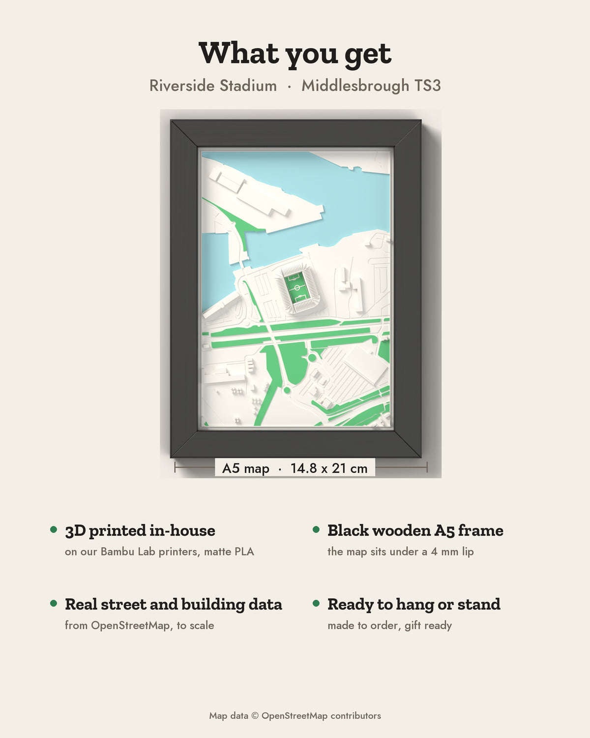 3D Riverside Stadium Map Framed - What you get: A5 3D stadium map, 14.8 x 21 cm, in a black wooden frame