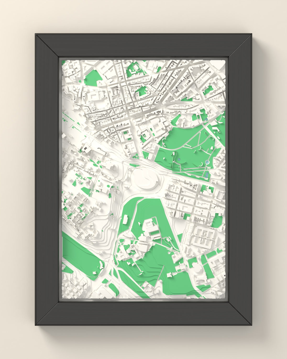3D Rome Map Framed - 3D printed Rome map in a black wooden A5 frame, lit from the side