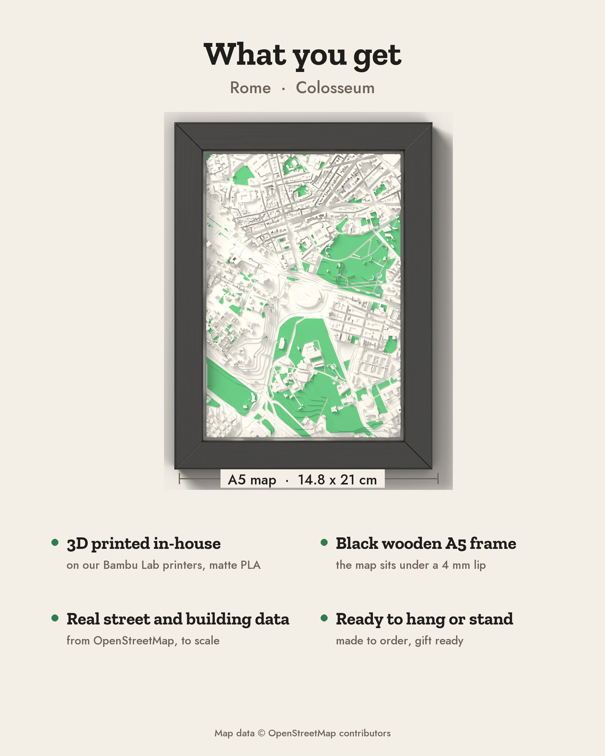 3D Rome Map Framed - What you get: A5 3D city map, 14.8 x 21 cm, in a black wooden frame