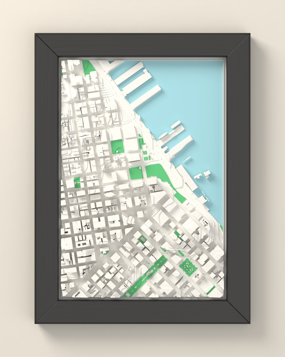 3D San Francisco Map Framed - 3D printed San Francisco map in a black wooden A5 frame, lit from the side
