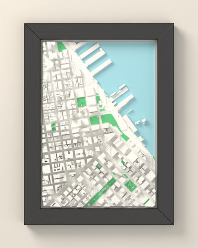 3D San Francisco Map Framed - 3D printed San Francisco map in a black wooden A5 frame, lit from the side