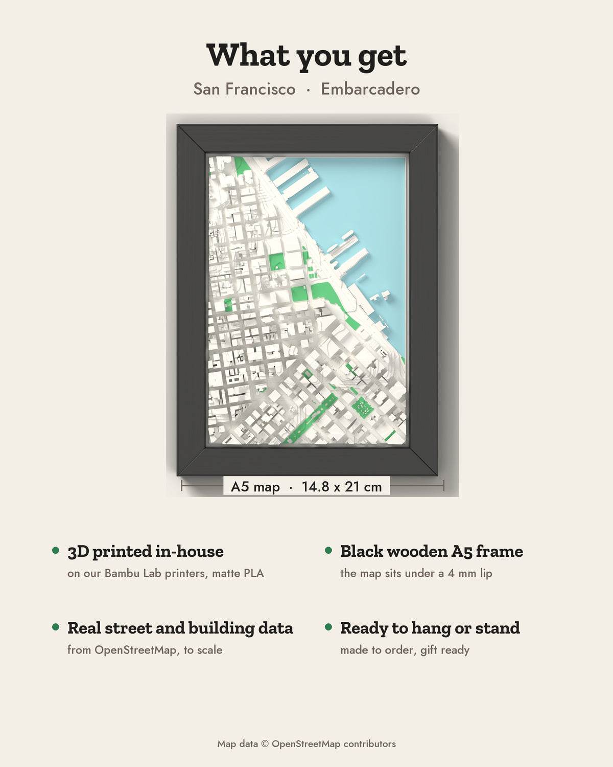 3D San Francisco Map Framed - What you get: A5 3D city map, 14.8 x 21 cm, in a black wooden frame
