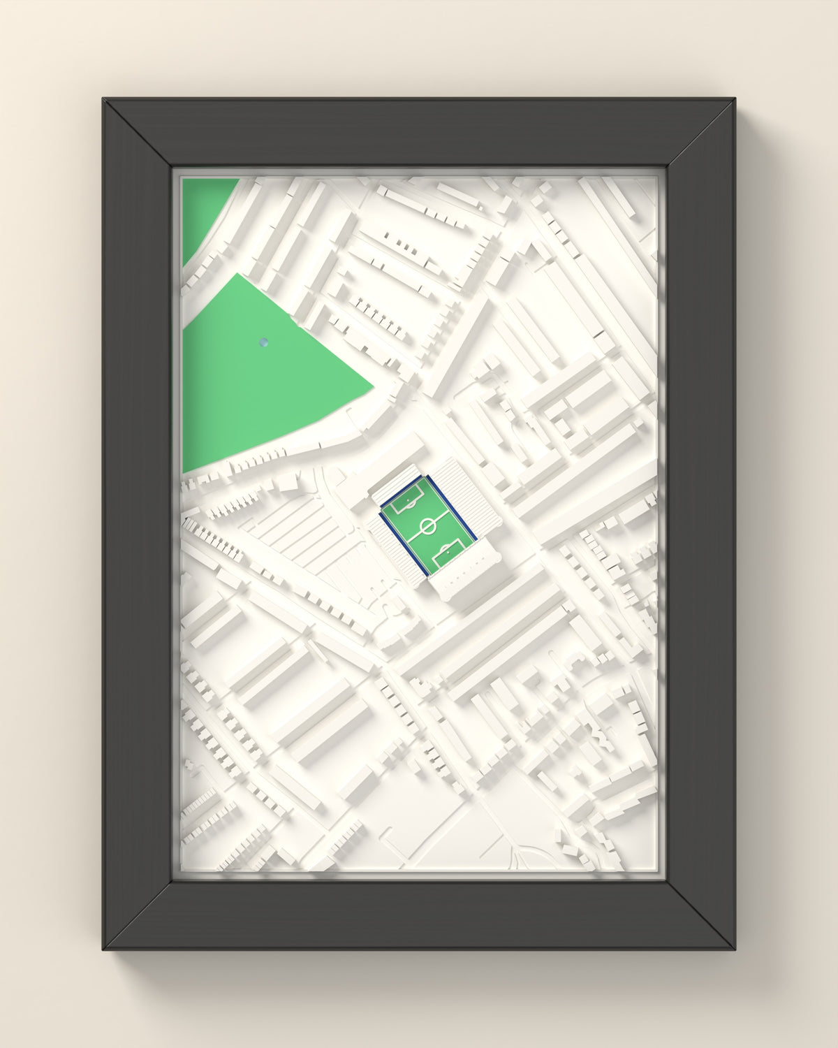 3D Selhurst Park Map Framed - 3D printed Selhurst Park map in a black wooden A5 frame, lit from the side