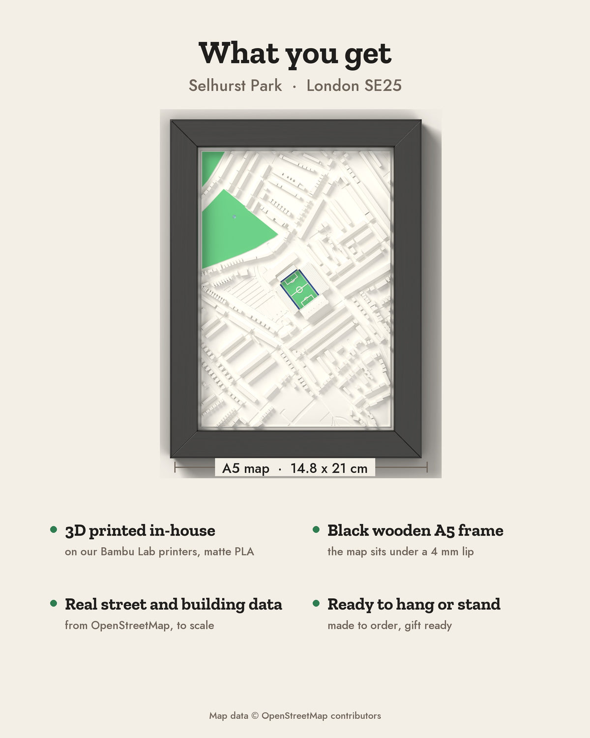 3D Selhurst Park Map Framed - What you get: A5 3D stadium map, 14.8 x 21 cm, in a black wooden frame