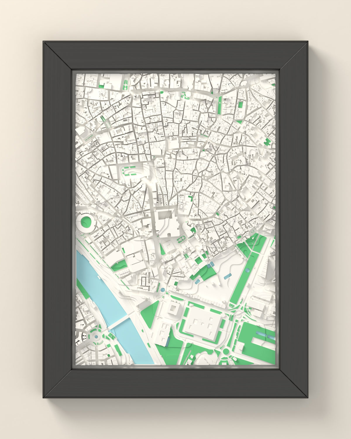 3D Seville Map Framed - 3D printed Seville map in a black wooden A5 frame, lit from the side