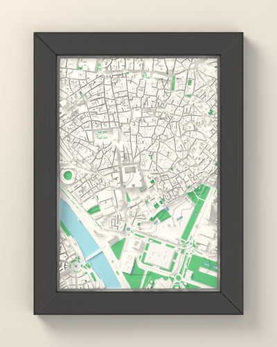 3D Seville Map Framed - 3D printed Seville map in a black wooden A5 frame, lit from the side