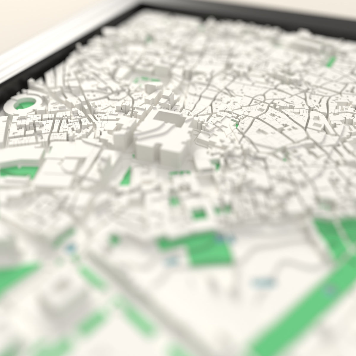 3D Seville Map Framed - Close-up across the 3D Seville map showing the raised streets and buildings