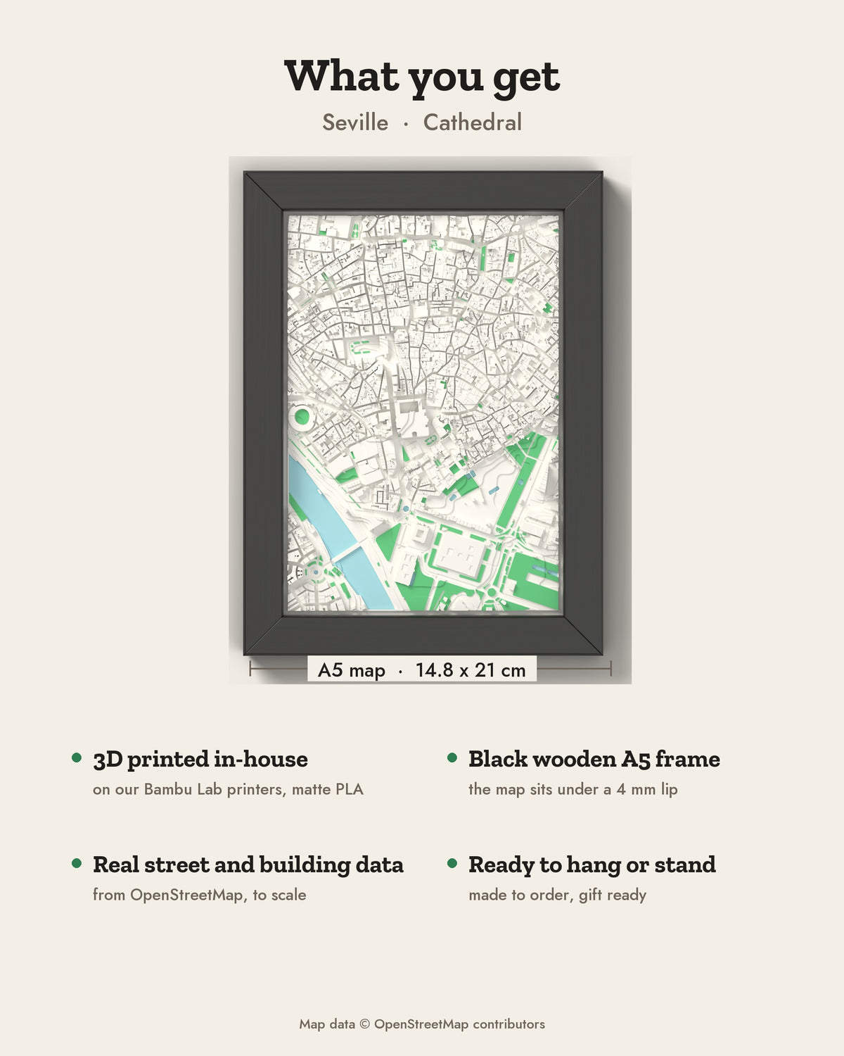 3D Seville Map Framed - What you get: A5 3D city map, 14.8 x 21 cm, in a black wooden frame