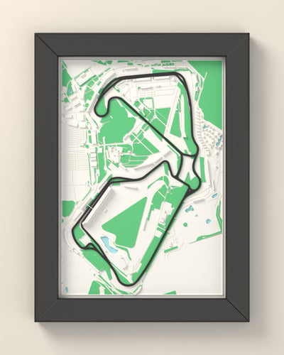 3D Silverstone Circuit Map Framed - 3D printed Silverstone Circuit map in a black wooden A5 frame, the track raised in dark grey