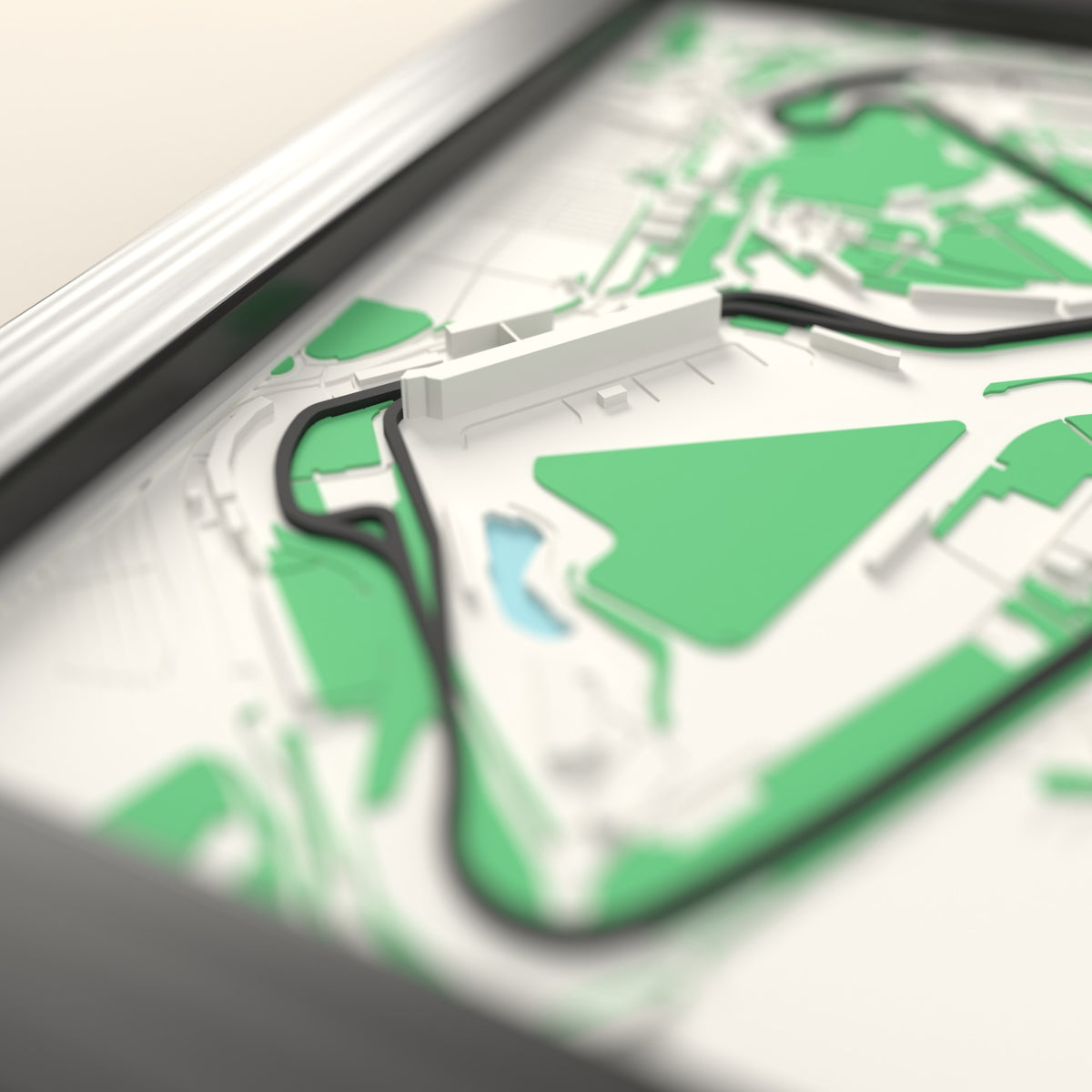 3D Silverstone Circuit Map Framed - Close-up across the 3D map: the Silverstone Circuit track standing up from the airfield