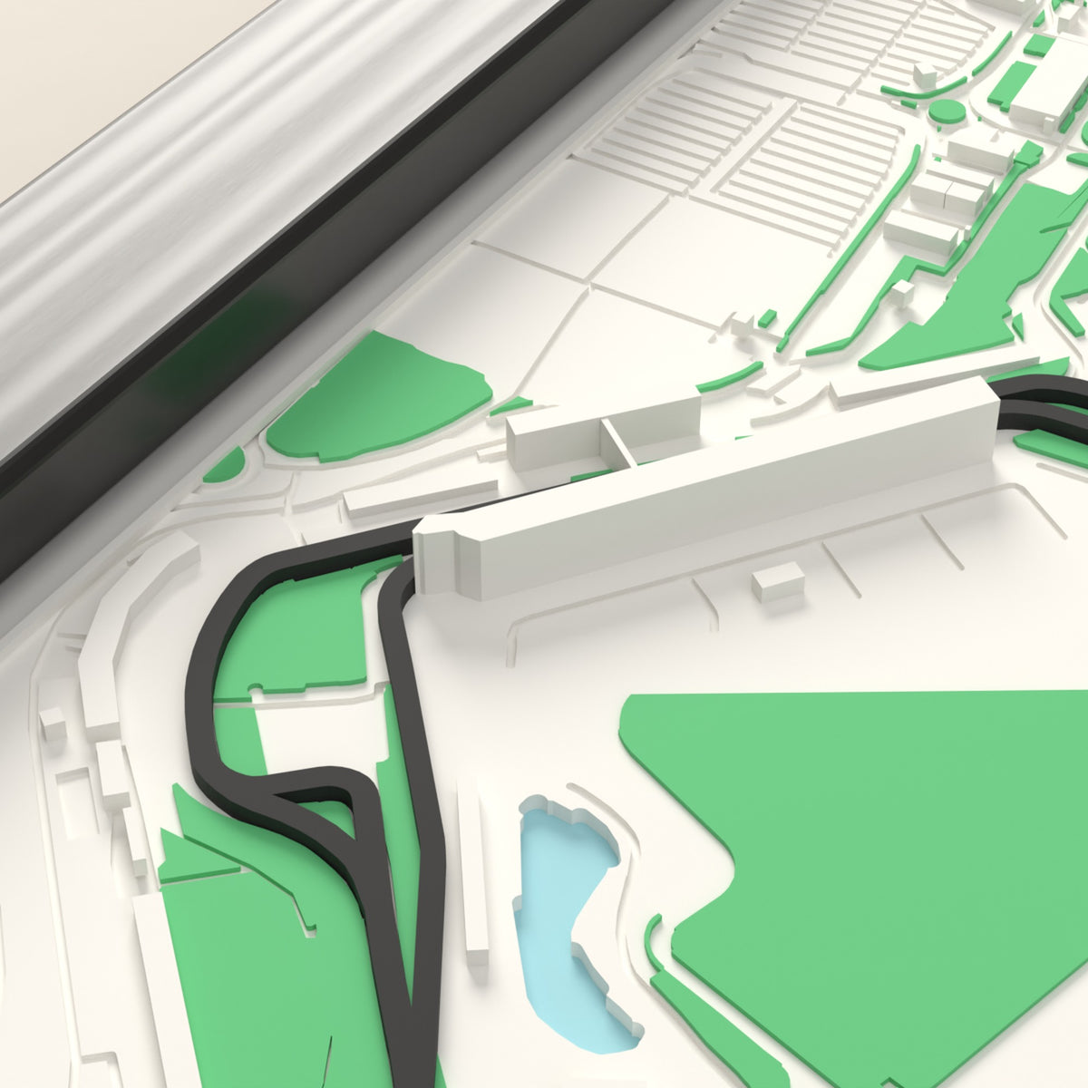3D Silverstone Circuit Map Framed - The Wing pit building and the start of the lap on the 3D printed Silverstone Circuit map