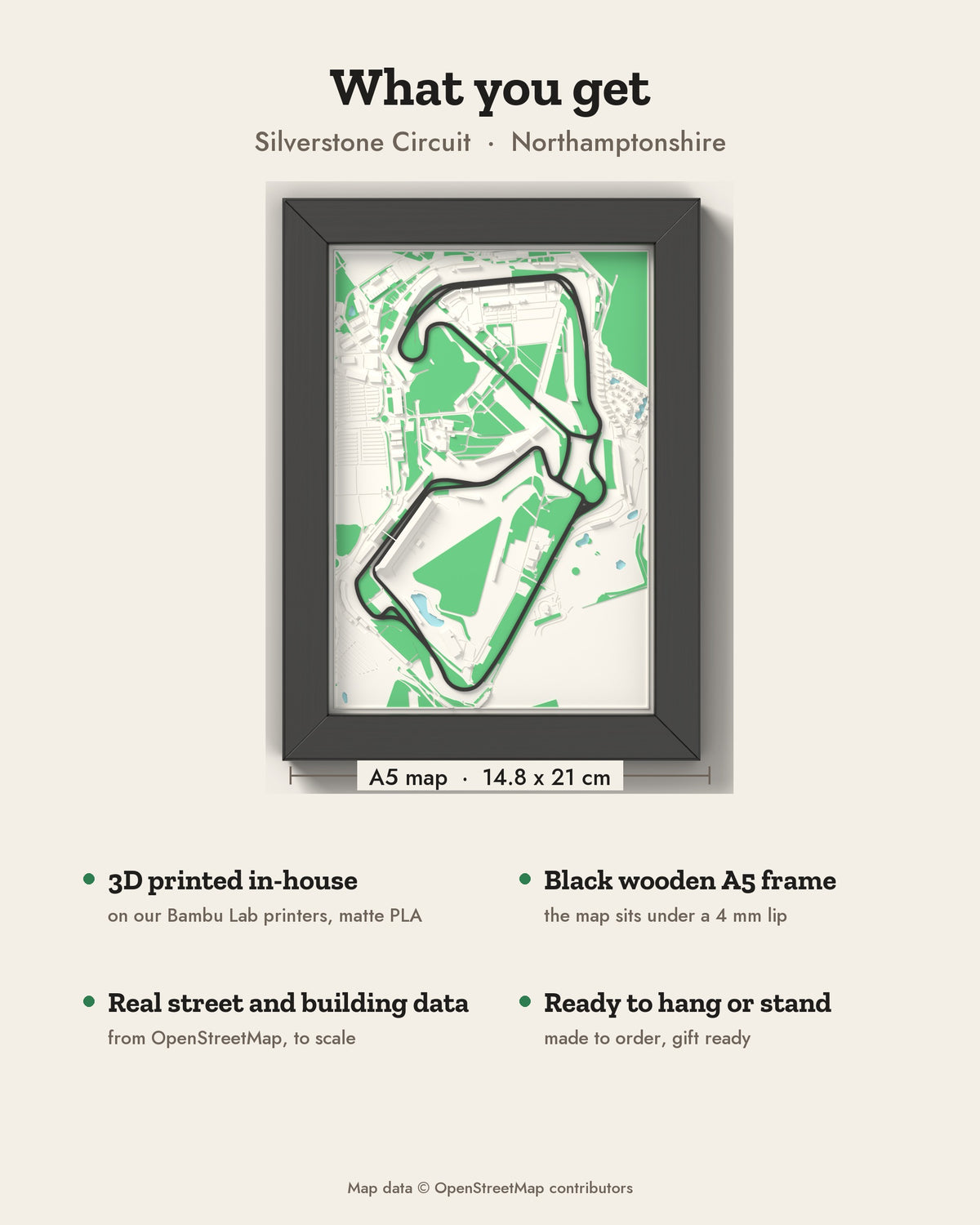 3D Silverstone Circuit Map Framed - What you get: A5 3D circuit map, 14.8 x 21 cm, in a black wooden frame