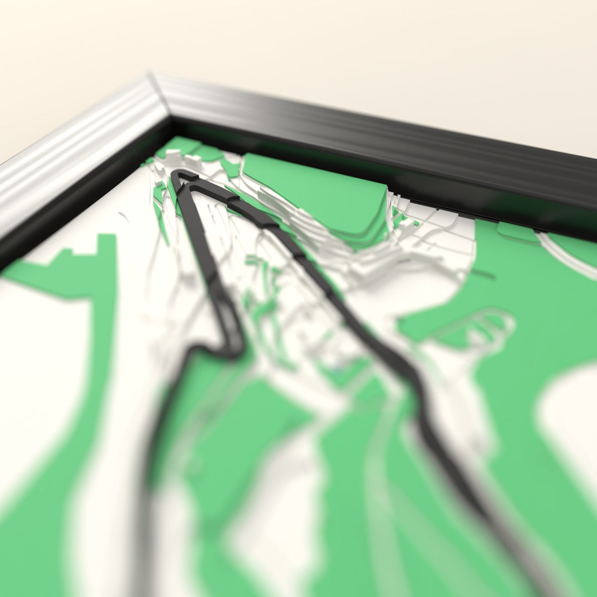 3D Spa-Francorchamps Circuit Map Framed - Close-up across the 3D map: the Spa-Francorchamps Circuit track standing up from the map