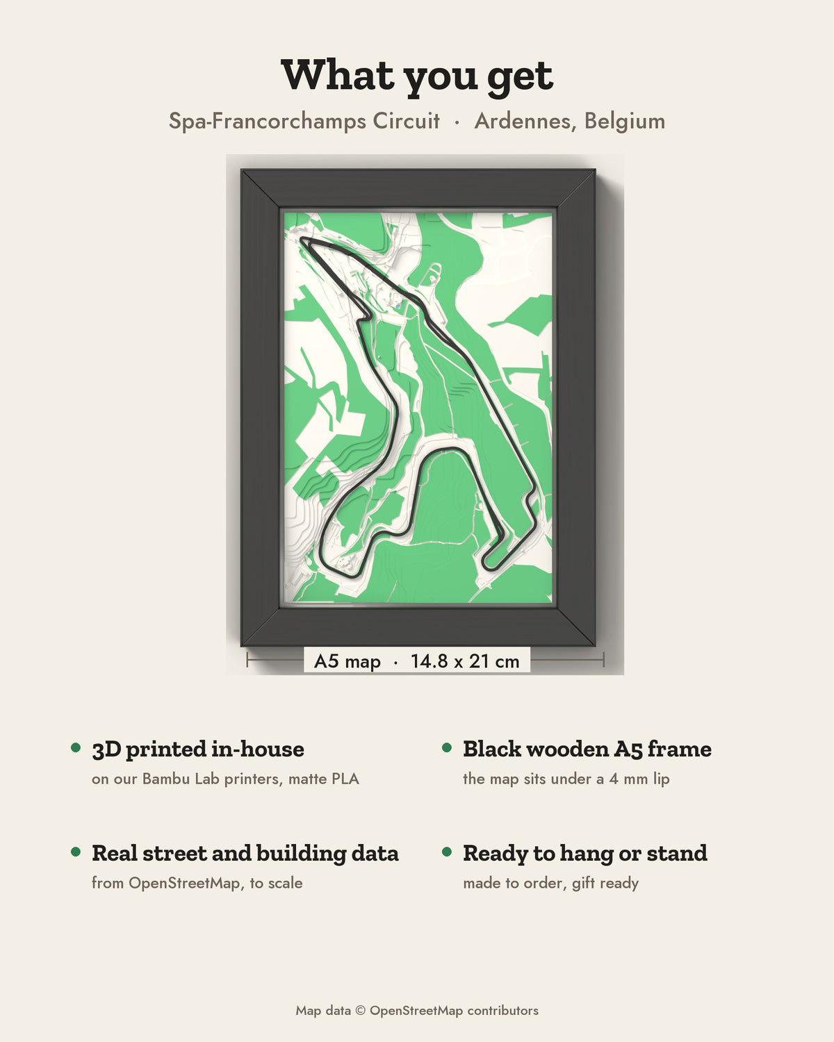 3D Spa-Francorchamps Circuit Map Framed - What you get: A5 3D circuit map, 14.8 x 21 cm, in a black wooden frame