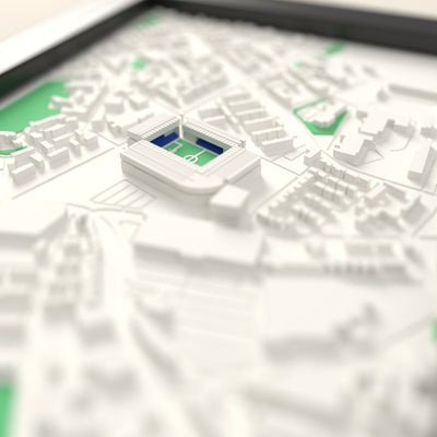 3D St Andrew's Map Framed - Close-up across the 3D map: the real St Andrew's stands with royal blue seats around the green pitch