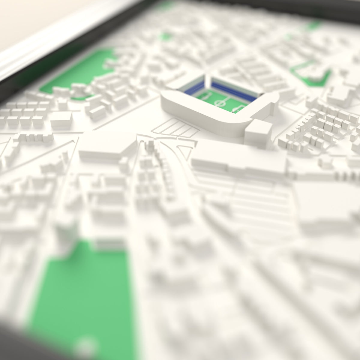 3D St Andrew's Map Framed - Close-up across the 3D map: the real St Andrew's stands with royal blue seats around the green pitch